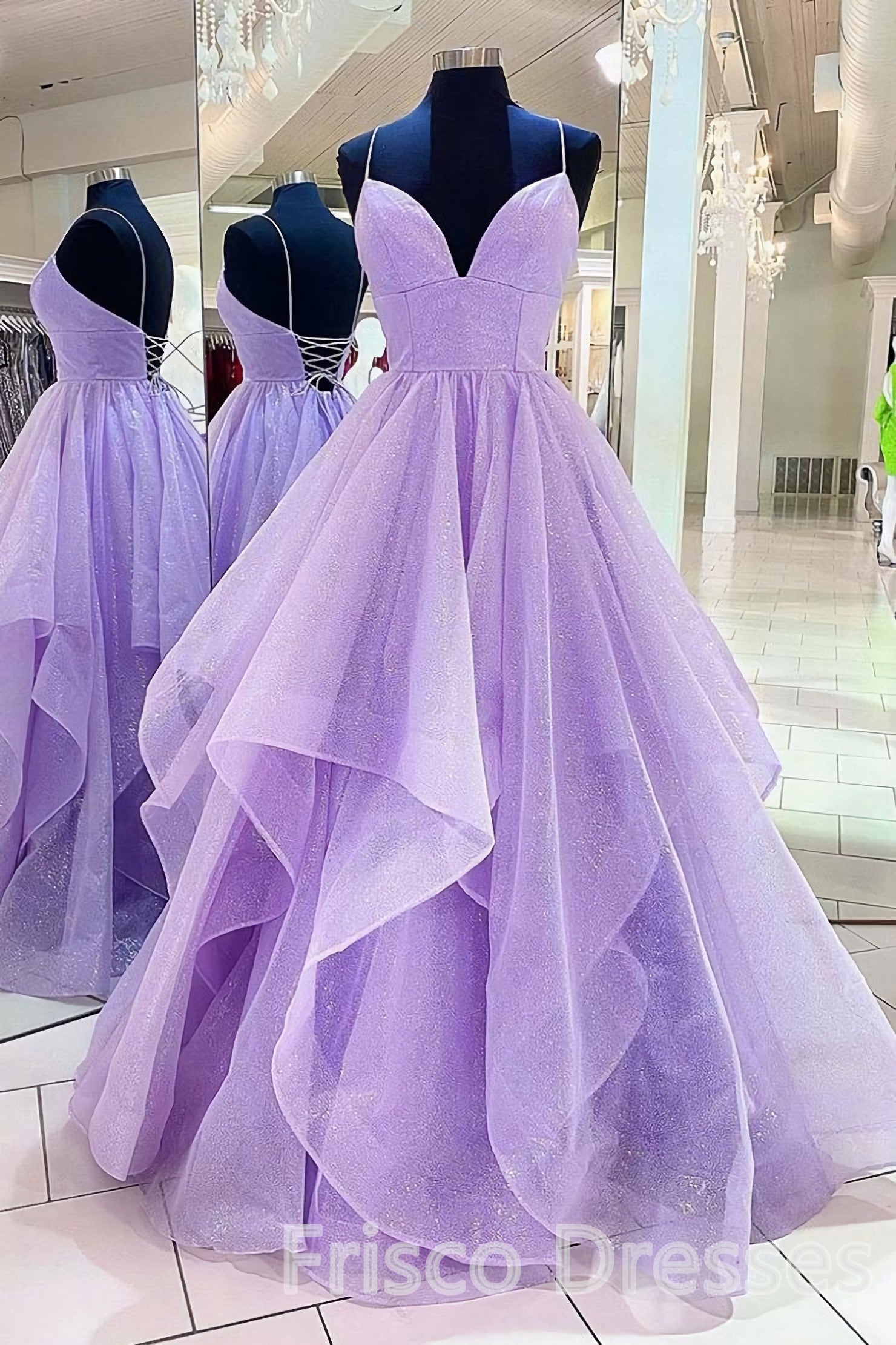 Purple V Neck Sleeveless A Line Tulle Sequin Prom Dresses