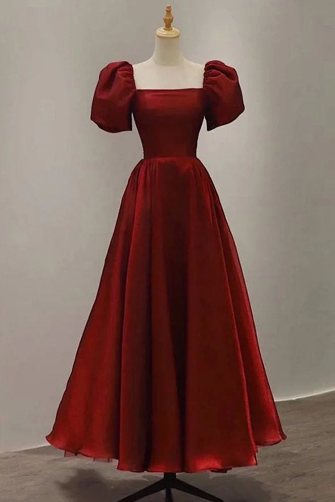 Burgundy A Line Long Prom Dress with Short Sleeves, New Party Gown