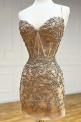 Champagne Spaghetti Straps Tight Short Homecoming Dress with Appliques