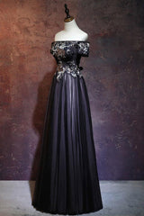 Beauty Off The Shoulder Floor Length Lace Up Long Black Prom Dresses With Appliques