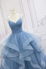 Shiny Blue Tulle A-Line Spaghetti Straps Long Prom Dresses