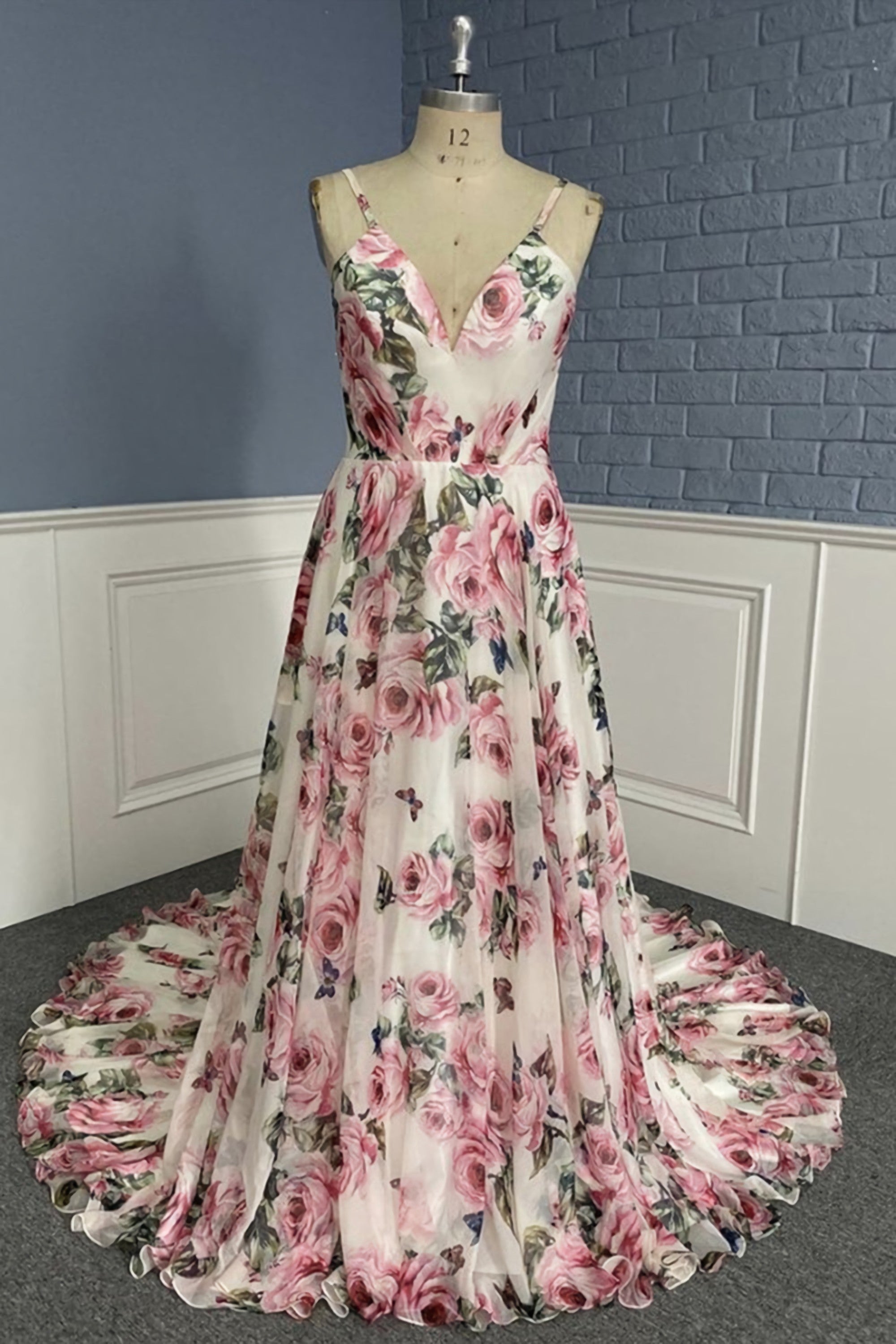 Stylish V Neck Backless Floral Pattern Long Prom Dress, V Neck Floral Pattern Formal Evening Dress