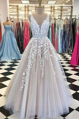 A Line Applique Tulle Prom Dress, Long V Neck Sleeveless Party Dress with Beading