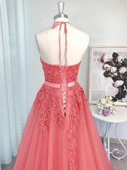 A-line Halter Appliques Lace Sweep Train Tulle Dress