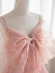 A-Line Pink Tulle Sequin Long Prom Dresses, Pink Formal Evening Dresses