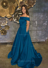 A Line Princess Off The Shoulder Sleeveless Sweep Train Satin Prom Dress With Low Back