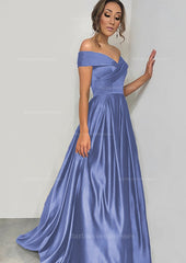 A Line Princess Off The Shoulder Sleeveless Sweep Train Satin Prom Dress With Pleated