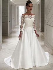 A-Line/Princess Off-the-Shoulder Sweep Train Satin Wedding Dresses With Belt/Sash