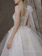 A-Line/Princess One-Shoulder Asymmetrical Tulle Wedding Dresses With Appliques Lace