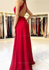 A Line Princess Scalloped Neck Sleeveless Long Floor Length Chiffon Prom Dress With Split