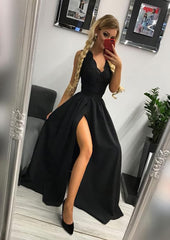 A Line Princess Scalloped Neck Sleeveless Long Floor Length Elastic Satin Prom Dress With Lace Split