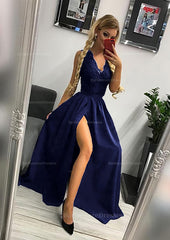 A Line Princess Scalloped Neck Sleeveless Long Floor Length Elastic Satin Prom Dress With Lace Split