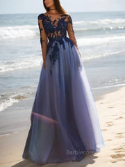 A-Line/Princess Scoop Floor-Length Tulle Evening Dresses With Appliques Lace