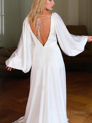 A-Line/Princess V-neck Court Train Charmeuse Wedding Dresses With Leg Slit