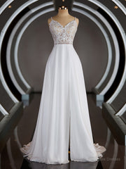 A-Line/Princess V-neck Court Train Chiffon Wedding Dresses with Leg Slit