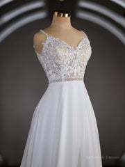 A-Line/Princess V-neck Court Train Chiffon Wedding Dresses with Leg Slit