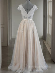 A-Line/Princess V-neck Floor-Length Lace Wedding Dresses With Appliques Lace