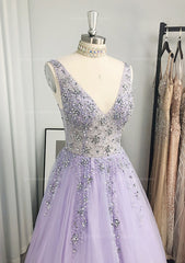 A Line Princess V Neck Long Floor Length Tulle Prom Dress With Beading Sequins