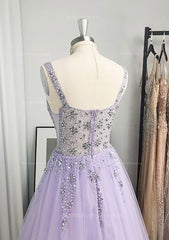 A Line Princess V Neck Long Floor Length Tulle Prom Dress With Beading Sequins