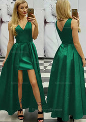 A Line Princess V Neck Sleeveless Asymmetrical Satin Prom Dress With Pleated