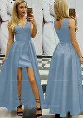 A Line Princess V Neck Sleeveless Asymmetrical Satin Prom Dress With Pleated