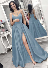 A Line Princess V Neck Sleeveless Long Floor Length Elastic Satin Evening Dress With Split Pleated