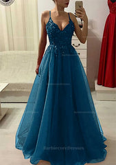 A Line Princess V Neck Sleeveless Long Floor Length Prom Dress With Appliqued Beading