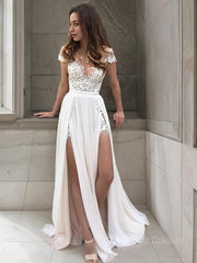 A-Line/Princess V-neck Sweep Train Chiffon Wedding Dresses With Leg Slit