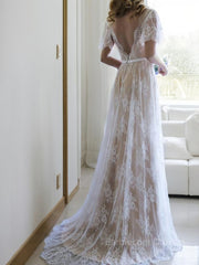 A-Line/Princess V-neck Sweep Train Lace Wedding Dresses With Appliques Lace