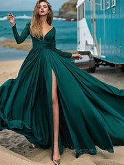 A-Line/Princess V-neck Sweep Train Satin Chiffon Prom Dresses With Leg Slit