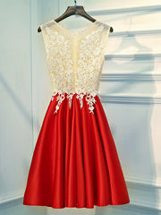 A Line Round Neck Red Short Lace Prom Dresses, Short Red Lace Formal Homecoming Dresses