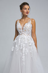 A-LINE SHEER STRAPS V-NECK TULLE APPLIQUE FLOOR-LENGTH SLEEVELESS WEDDING DRESSES