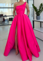 A Line Sleeveless One Shoulder Long Floor Length Satin Prom Dress With Split Ruffles Pockets