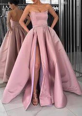 A Line Square Neckline Long Floor Length Satin Prom Dress With Pockets Split