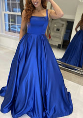 A Line Square Neckline Sleeveless Sweep Train Satin Prom Dress With Pockets