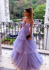 A Line Sweetheart Sleeveless Long Floor Length Tulle Prom Dress With Ruffles