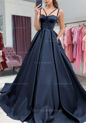 A Line Sweetheart Sleeveless Satin Sweep Train Prom Dress With Pockets