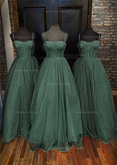 A Line Sweetheart Spaghetti Straps Long Floor Length Glitter Prom Dress With Pockets