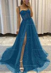 A Line Sweetheart Spaghetti Straps Sweep Train Tulle Glitter Prom Dress With Appliqued