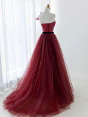 A-Line Tulle Burgundy Long Prom Dress, Burgundy Formal Evening Dress