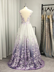 A-line V-neck Appliques Lace Floor-Length Tulle Dress