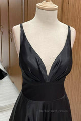 A Line V Neck Backless Black Long Prom Dresses, V Neck Black Formal Dresses, Backless Black Evening Dresses