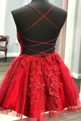 A Line V Neck Backless Lace Red Short Prom Dress Homecoming Dress, Backless Red Lace Formal Graduation Evening Dress