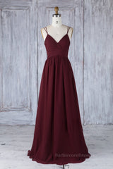 A Line V Neck Burgundy Chiffon Long Prom Dress with Lace Back, V Neck Lace Back Burgundy Formal Graduation Evening Dress