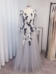 A-line V-neck Long Sleeves Appliques Lace Floor-Length Tulle Dress