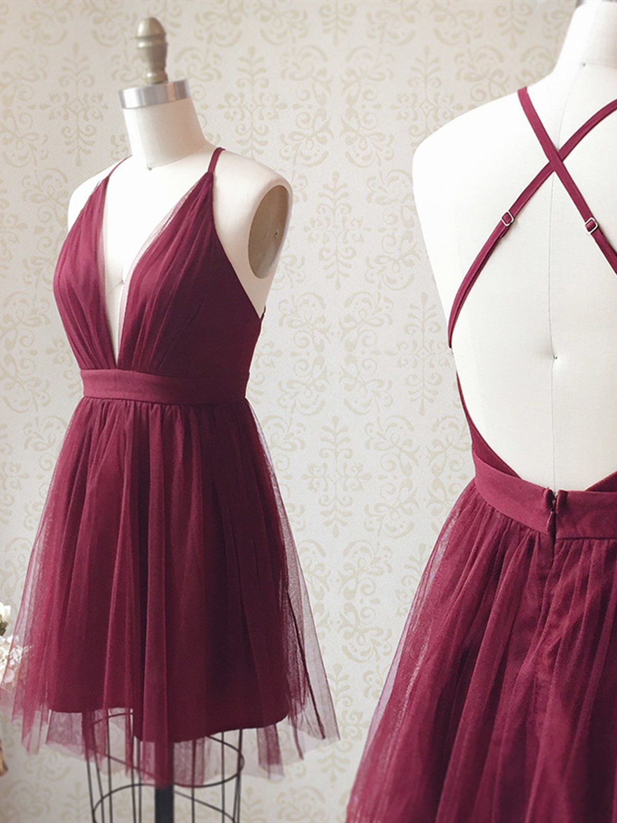 A Line V Neck Short Burgundy Backless Prom Dresses, Short Burgundy Backless Formal Homecoming Dresses