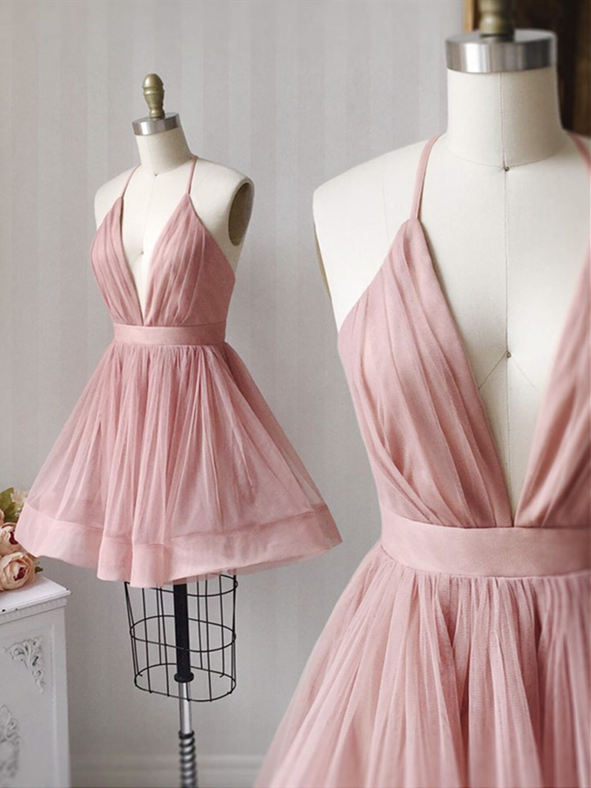 A Line V Neck Short Pink Tulle Prom Dresses, Short Pink Tulle Formal Homecoming Dresses