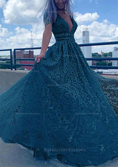 A Line V Neck Sleeveless Long Floor Length Lace Tulle Prom Dress With Beading Sequins