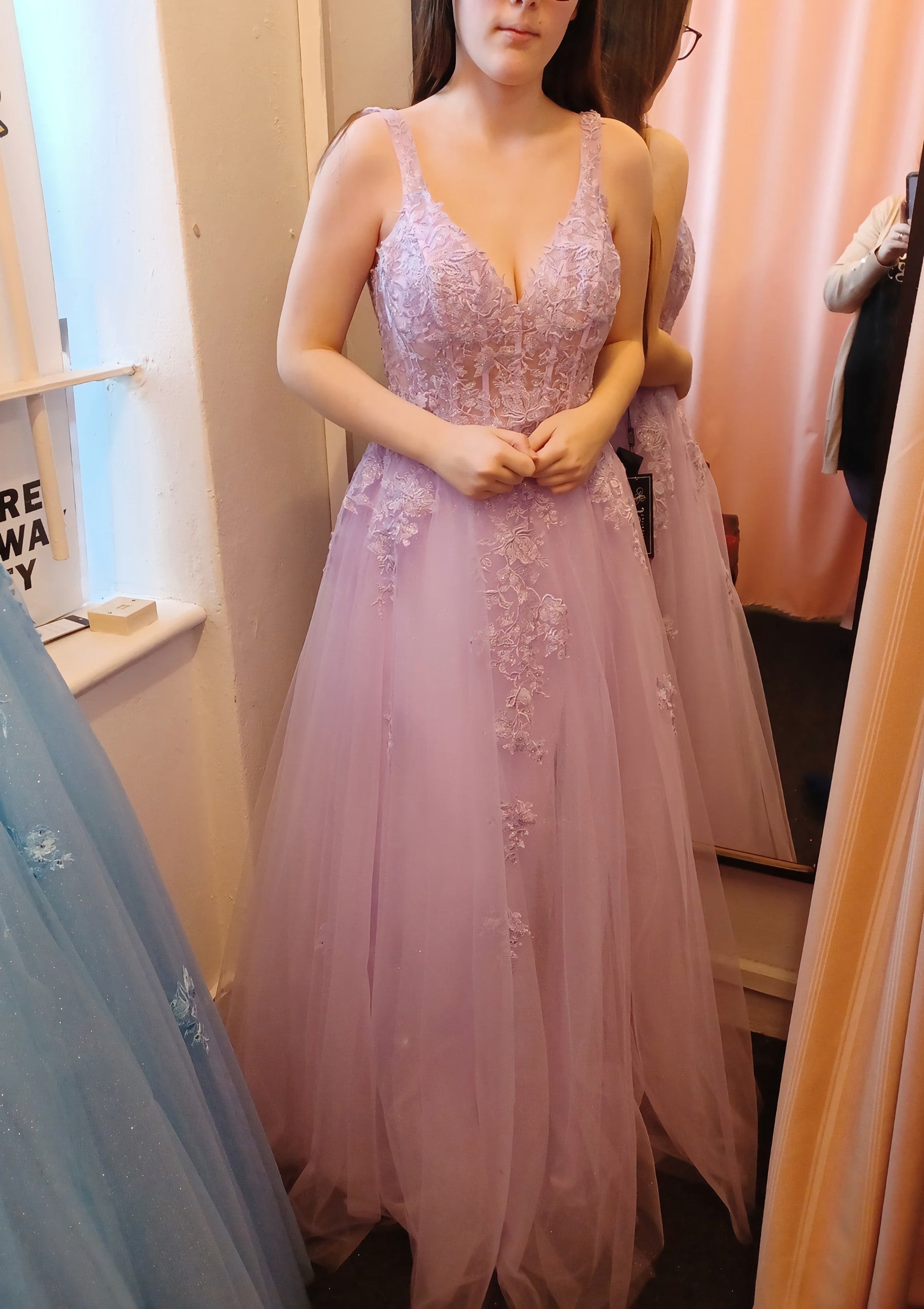 A-line V Neck Sleeveless Long/Floor-Length Tulle Satin Prom Dress