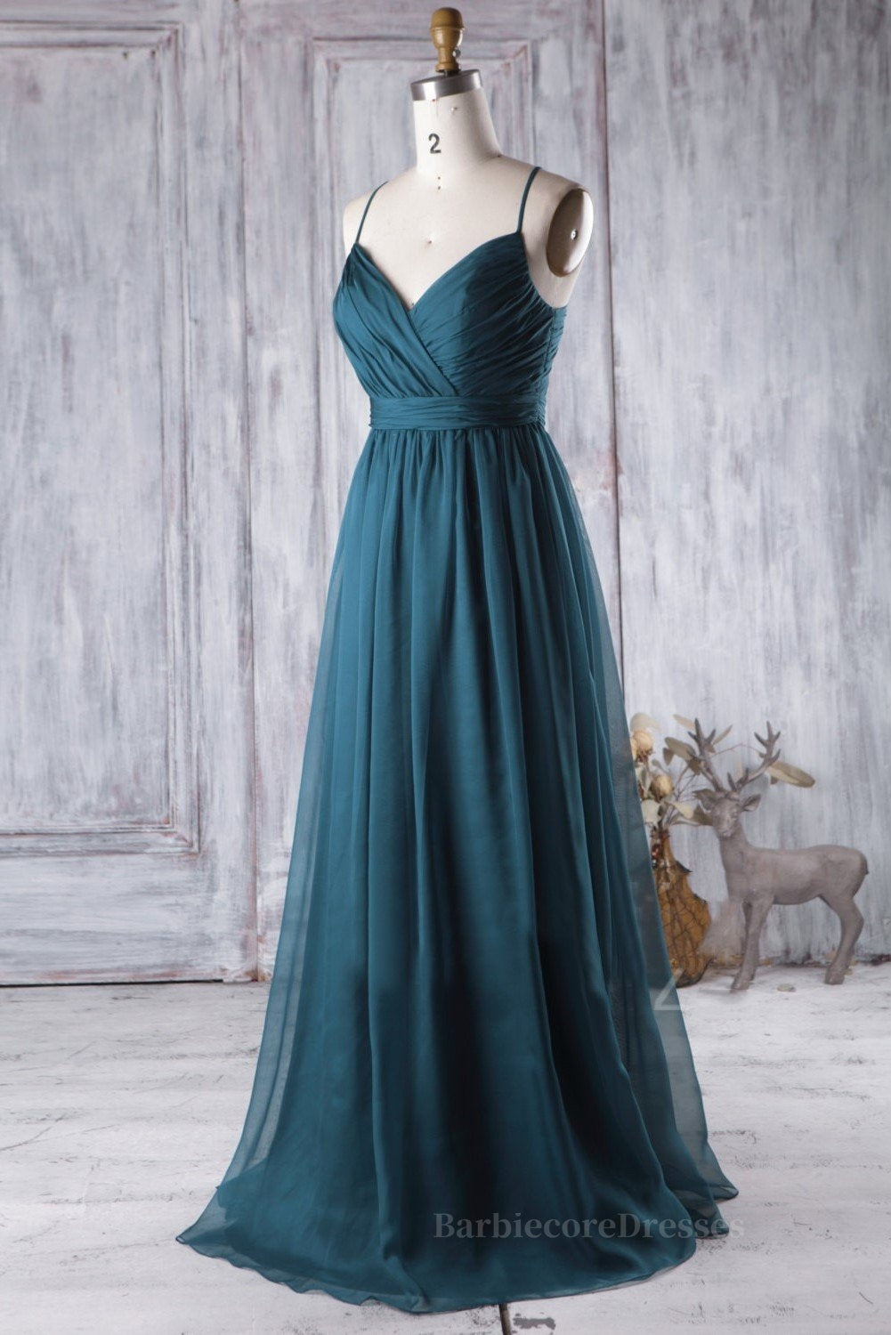 A Line V Neck Spaghetti Strap Peacock Blue Chiffon Long Prom Dress, V Neck Peacock Blue Formal Dress Graudation Evening Dress, Peacock Blue Bridesmaid Dress